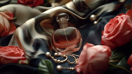 Fashionable Valentine’s gift set: a designer scarf and perfume no brand bottle, styled with roses and jewelry.