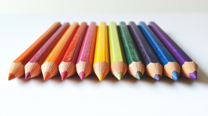 Rainbow of Colored Pencils: A vibrant collection of colored pencils arranged in a row, showcasing their rich hues and sharp points. Perfect for projects related to art, creativity, and education. 