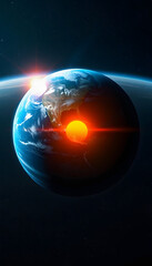 Obraz premium Planet Earth with Glowing Core and Sunrise: Depicts Global Warming, Climate Change, Core Energy, and Planetary Science