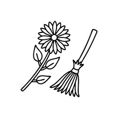 Featuring a flower alongside a broom Hand drawn line art flat vector illustration