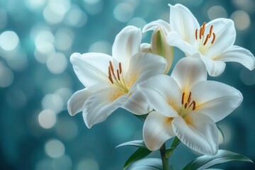 elegant white funeral lilies and roses with soft dreamy bokeh background peaceful memorial service composition with space for sympathetic messages