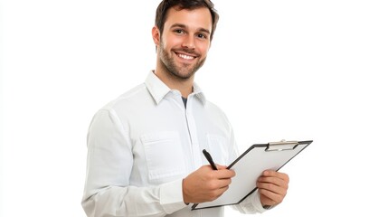 Friendly man holding clipboard and smiling in office