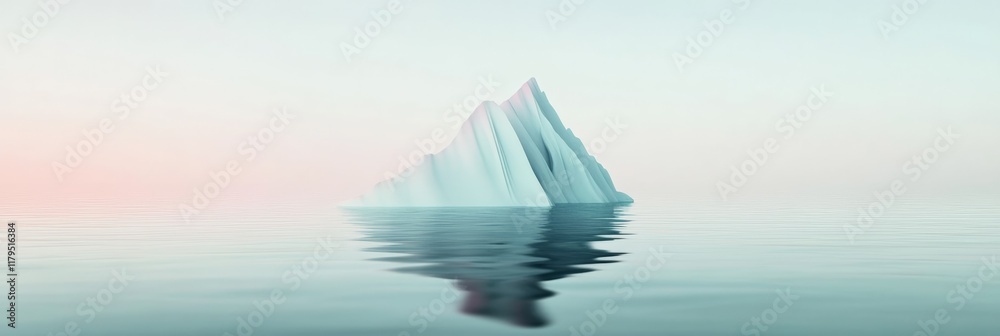 Poster iceberg peacefully floating on calm water, with a soft pastel sky reflecting in the tranquil sea, cr