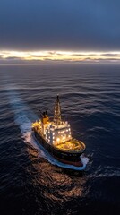 Fototapeta premium An oil production station stands tall on the open sea, illuminated by gas flames, with a dark blue sky and clouds surrounding it