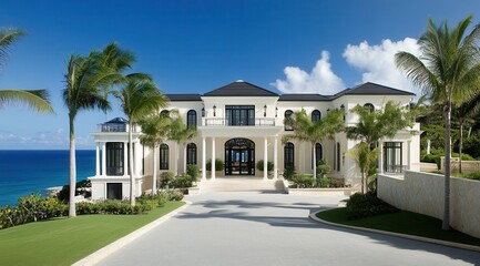 A large house with a white exterior and a blue ocean in the background. The house has a large driveway and a lush green lawn