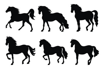  Horse silhouettes set isolated flat vector illustration on white background.