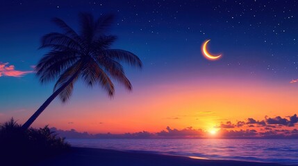 Serene sunset over a tranquil beach with a palm tree and crescent moon