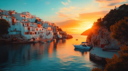 Obraz premium Beautiful sunset view over serene water with white houses and boats along the shore