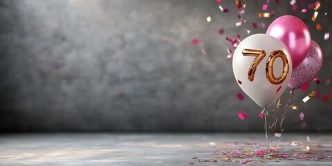 This vibrant image showcases celebratory balloons and confetti, perfect for honoring a 70th birthday or anniversary.