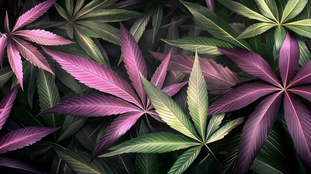 Colorful cannabis leaves create a vibrant pattern in this close-up image captured in a natural setting