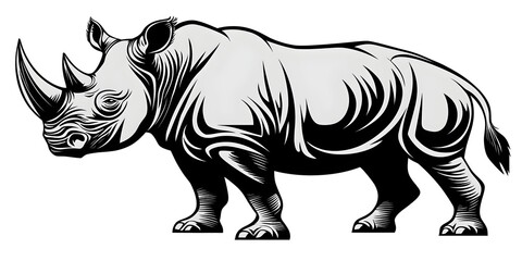 Fototapeta premium Engraving illustration of a rhinoceros, simple vector line art, white background, isolated on the same layer, high resolution, clipart style, hand-drawn, vintage engraver, 2D design, high contrast, 
