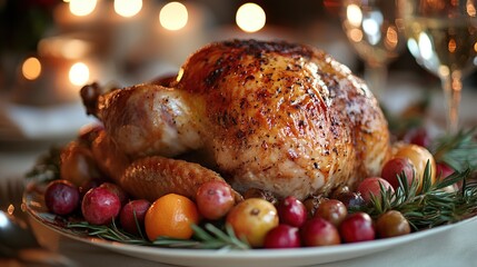 Roasted turkey garnished with cranberries and rosemary on a platter, surrounded by candles and wine glasses.
