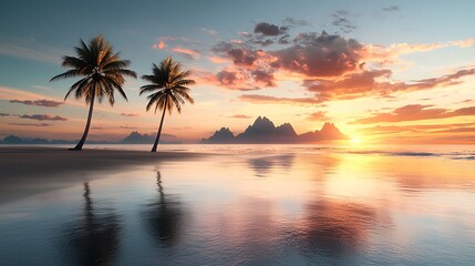 A tranquil beach scene at sunset with gentle waves lapping at the shore and silhouetted palm trees against a colorful sky filled with pinks and purples reflecting on the water surface, Ultra-Realistic