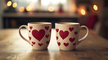 Fototapeta premium Matching Valentine’s gifts for couples: two coffee mugs with cute love theme.