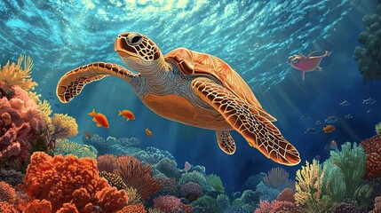Fototapeta premium Sea turtle gracefully swims coral reef, vibrant fish background; ocean wildlife, marine conservation.