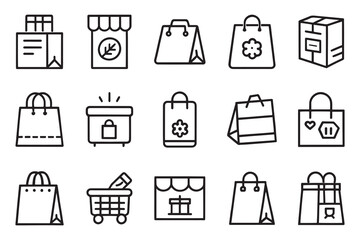  Shopping bag and food grocery package related editable stroke outline icon set flat vector illustration