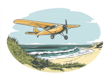 A small yellow plane is flying over a beach. The sky is blue and the ocean is calm