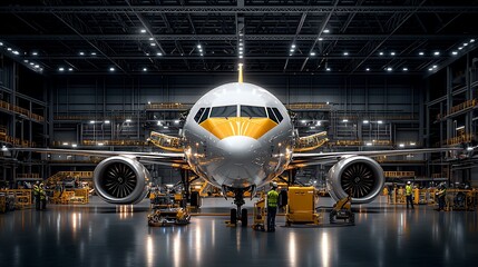 Fototapeta premium Aircraft maintenance hangar, technical crew working, advanced diagnostic equipment, industrial lighting Ultra-Realistic, Photo Realistic, highly detailed, 