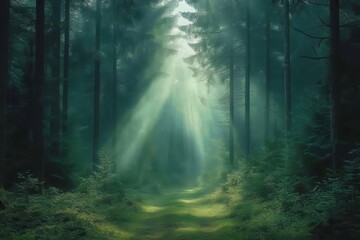 Fototapeta premium enchanted misty forest path through ancient pine trees with ethereal sunbeams breaking through dense green canopy in early morning light