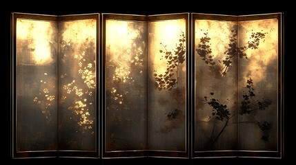Japan, Japanese pattern, art, folding screen picture, gold, wabi, rust, Japanese spirit, Japanese painting, ink painting, ink painting, classic, ancient art, nightingale, bird, plant, vase, flower, 