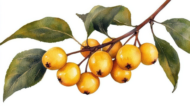 watercolor Vibrant yellow nance berries with green leaves in watercolor art isolated design on white background