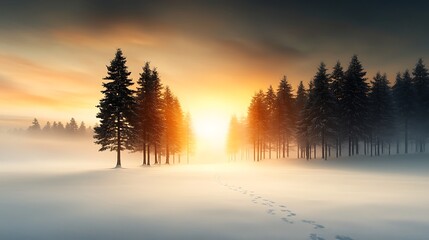 Naklejka premium An enchanting winter scene featuring snow-covered trees in a forest glistening under bright sunlight with footprints leading into the distance creating an inviting sense of exploration , Ultra-Realist