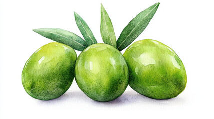 Obraz premium watercolor Vibrant watercolor of glossy green olives with leaves isolated design on white background