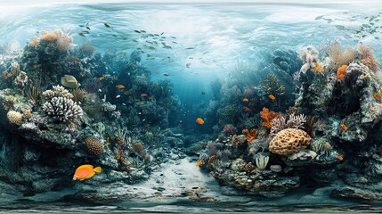 Vibrant coral reef ecosystem underwater scene, diverse fish, ocean background; ideal for marine conservation.