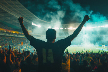 Generative AI image of excited sports fan supporting celebrating victory stadium during intense match day