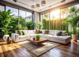 Elegant Modern Living Room: White Sectional Sofa & Indoor Plants - Stock Photo
