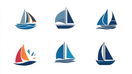 A set of six different sailboat designs. The designs are all blue and white, and they are all different sizes