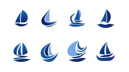 A set of blue sailboats are shown in various positions. The boats are all different sizes and shapes, but they all have the same blue color. Concept of freedom and adventure