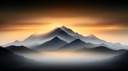 An expansive mountain range at sunrise casting golden light over rugged peaks while mist rises from valleys below creating an awe-inspiring natural landscape , Ultra-Realistic , Photo Realistic 