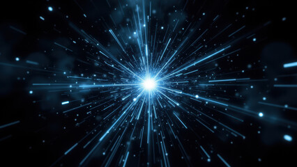 Naklejka premium Abstract starburst explosion with blue sparkles on black background.