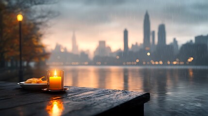An intimate candlelit dinner setup on a balcony overlooking the city skyline at night featuring elegant table settings and delicious food creating an atmosphere of romance , Ultra-Realistic 