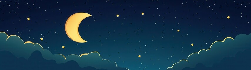 Fototapeta premium A computer generated image of a night sky with a large yellow moon and many stars. Honeymoon concept