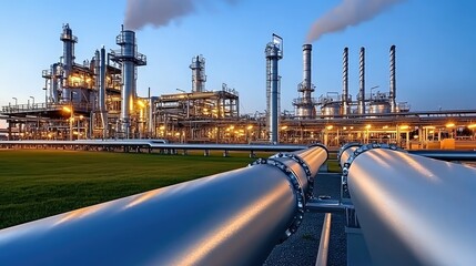 Obraz premium An oil and gas petrochemical plant is illuminated at dusk, surrounded by mountains, emitting smoke and natural clouds in the sky