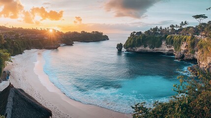 Tropical beach sunset, ocean cove, cliff, Indonesia; travel postcard.