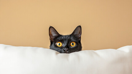 Black cat with yellow eyes peeking over a white pillow against beige background