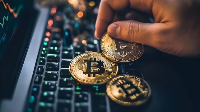 A person staking cryptocurrency and earning rewards shown as digital tokens.