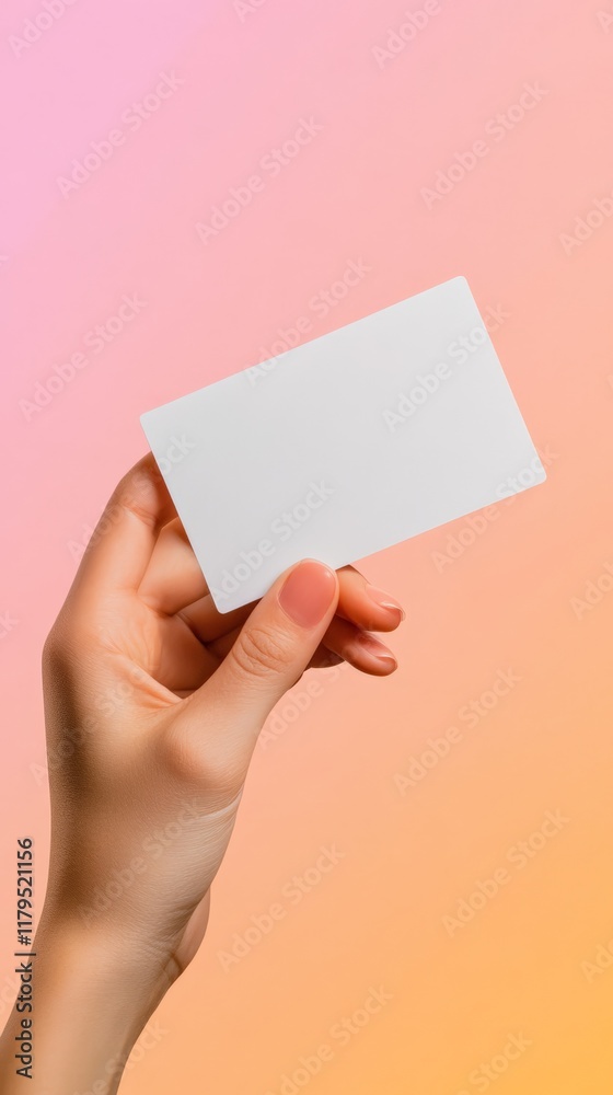 Poster hand with varnished nails holding a levitating blank business card on a colorful gradient background