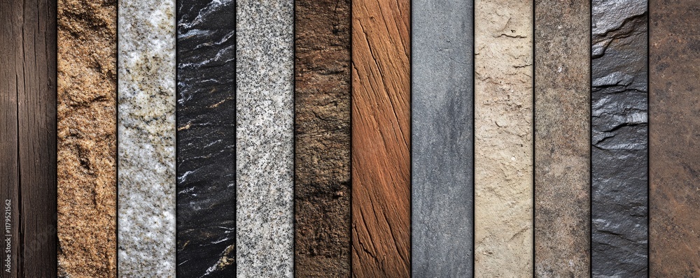 Poster collection of vertical material samples showing various stone and wood textures