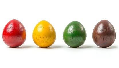 Obraz premium Four wooden Easter eggs in red, yellow, green, and brown colors, isolated on a white background with a clipping path. Full depth of field, achieved through focus stacking. 