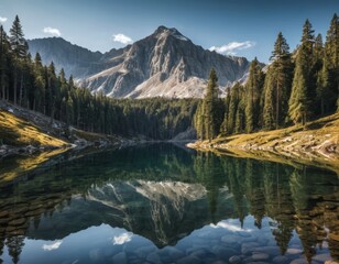 Serene Mountain Lake Reflection: Majestic Peak Mirrored in Crystal-Clear Waters at Dawn