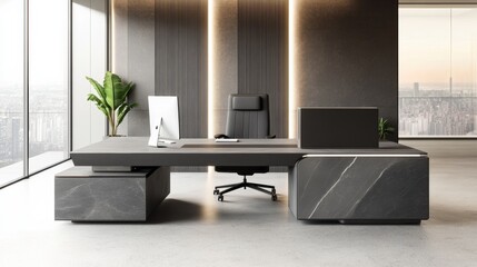 A modern office desk with a laptop, monitor, and plant. sleek, minimal design features open space, technology and productivity. room is empty, offering a clean and organized workspace