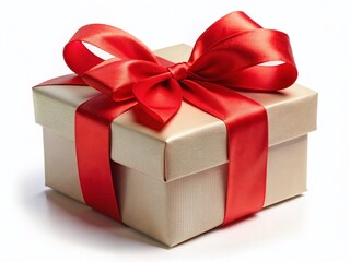 Obraz premium Elegant Red Ribbon Gift Box on White Background - Perfect for Holiday or Birthday Stock Photo