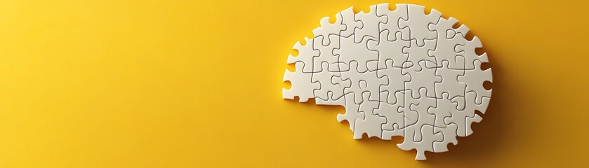 Obraz premium white brainshaped puzzle pieces on yellow background, symbolizing memory issues and mental health, digital design for health awareness, banner or wallpaper concept