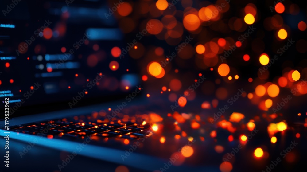 Poster illuminated laptop computer surrounded by a vibrant blur of colorful lights creating a modern and dy