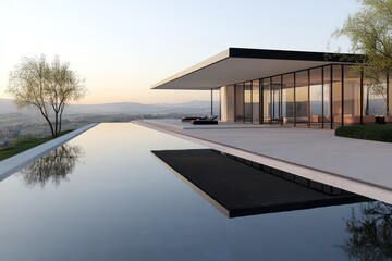 Fototapeta premium A sleek contemporary estate with a minimalist design, expansive glass walls, and an infinity pool overlooking a serene valley