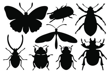  insects silhouettes set isolated flat vector illustration on white background.